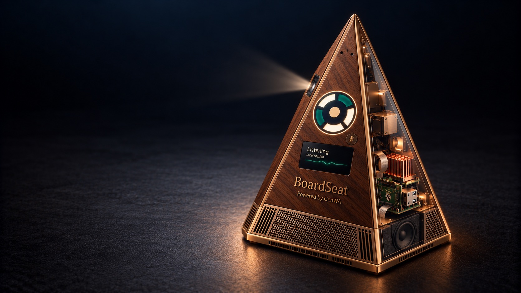BoardSeat walnut and bronze triangular device concept