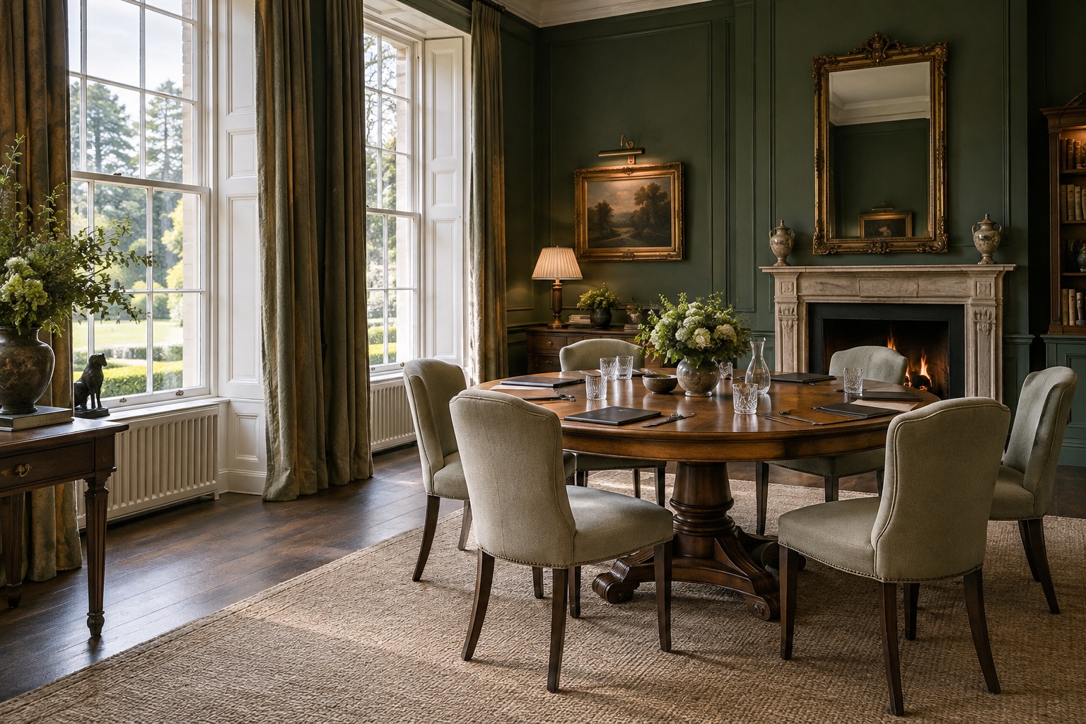 Illustrative country-house drawing room with a round table